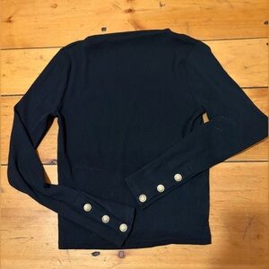 J. Crew Black Ribbed boatneck long sleeve tee with Gold Button Cuffs coastal S